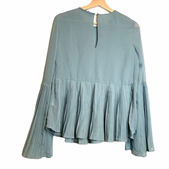 ASOS Pleated Blouse Turquoise Blue / Green Top Peplum Hem Semi Sheer Flared Sz 2 - Picture 2 of 12
